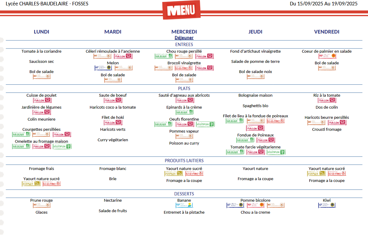 Les menus de la cantine - Lycée Charles Baudelaire