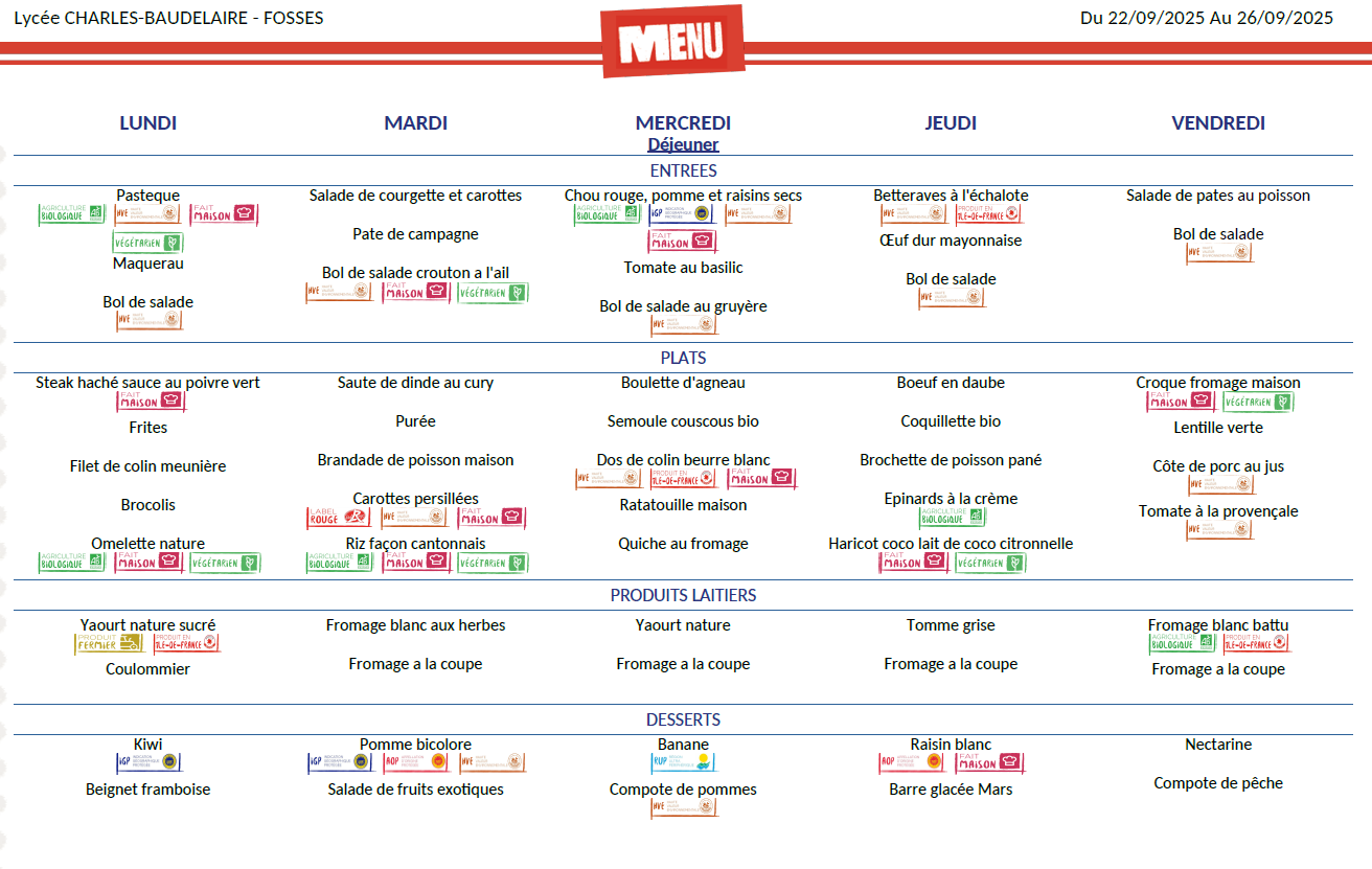 Les menus de la cantine - Lycée Charles Baudelaire
